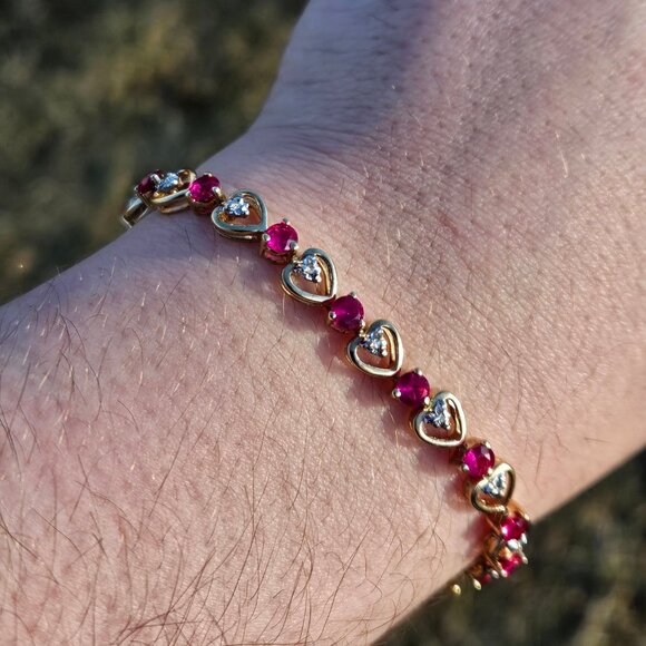 10KT Yellow Gold Diamond & Lab Grown Ruby Heart Link Tennis Bracelet 8 Inches - Picture 6 of 15